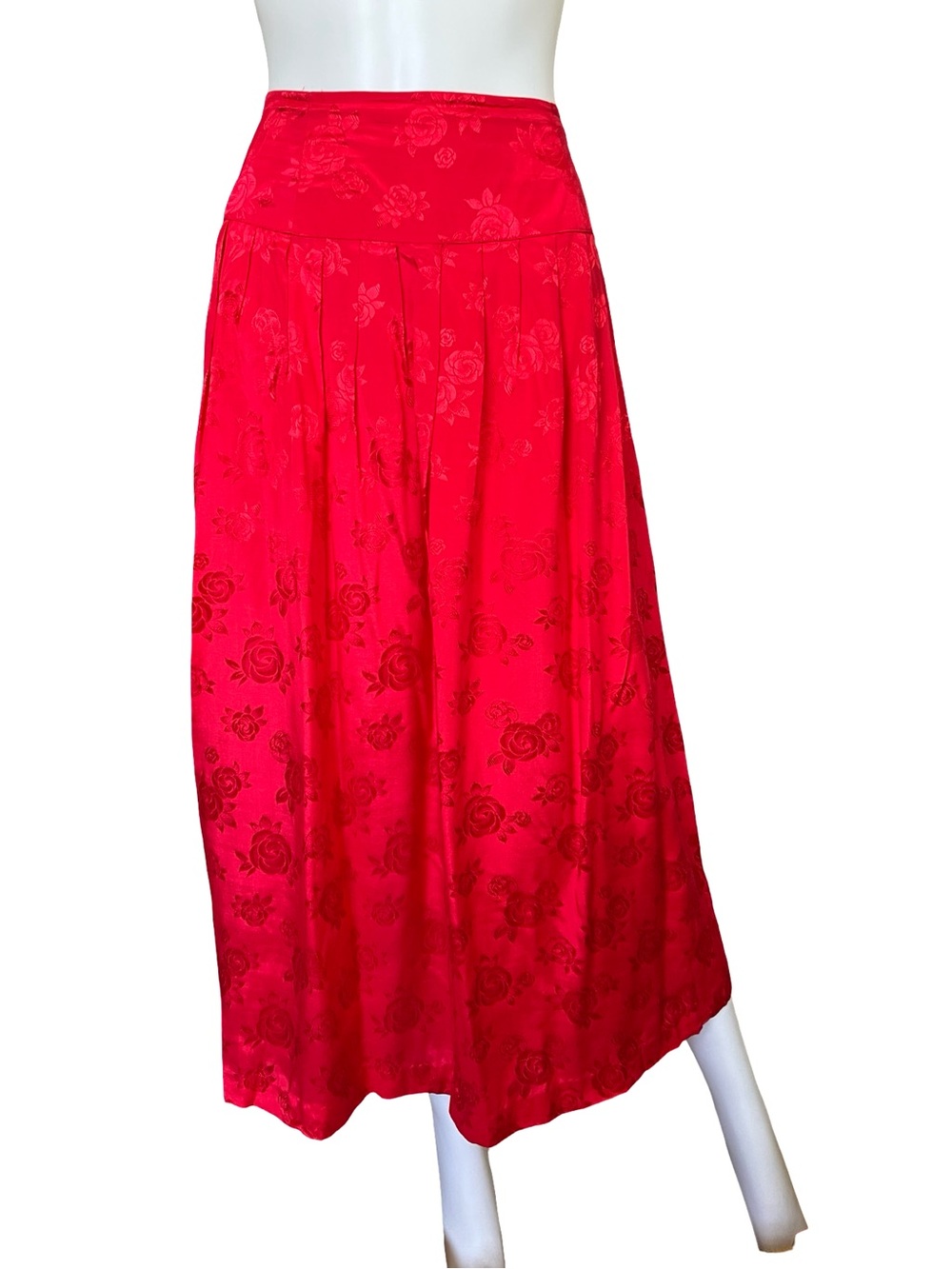 Vintage Marie St Claire Midi Skirt Red Satin Floral Pleated Womens Size 14